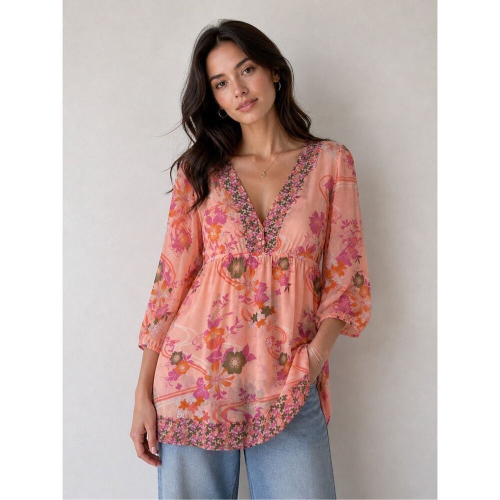 Rare H&M Floral Boho Tunic Blouse Peach Pink V-Neck 3/4 Sleeve Size M